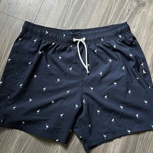 Navy Swim Shorts with White Flamingo Print